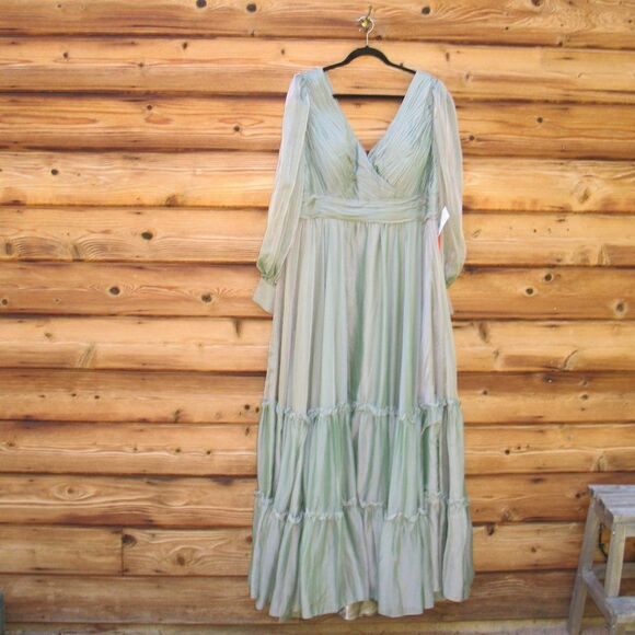 NWT Mac Duggal 67864 Long Sleeve Satin Chiffon Tiered Gown Dress Sage Green - Picture 5 of 15